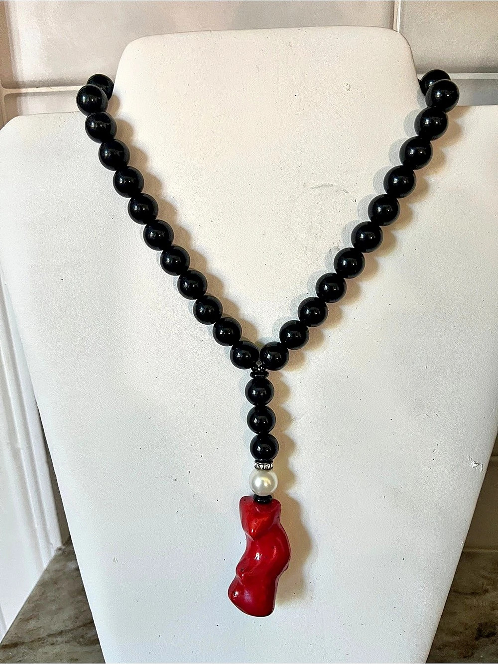 Black Beaded Red Coral Pendant Necklace